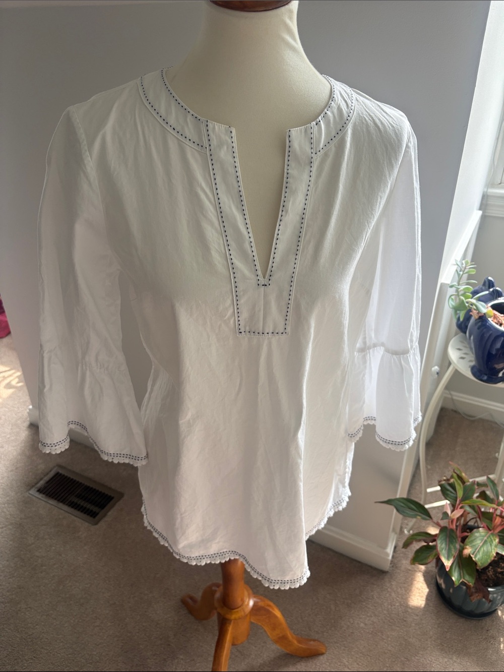 Brooks Brothers White Split V-Neck Tunic with Ladder Trim
